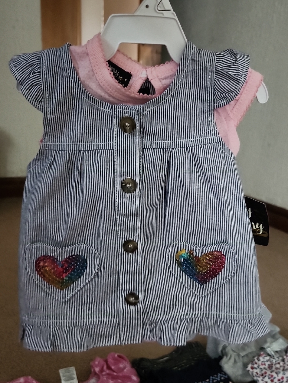 Striped Blue & Pink Heart Embroidered Girls' Casual Dress
